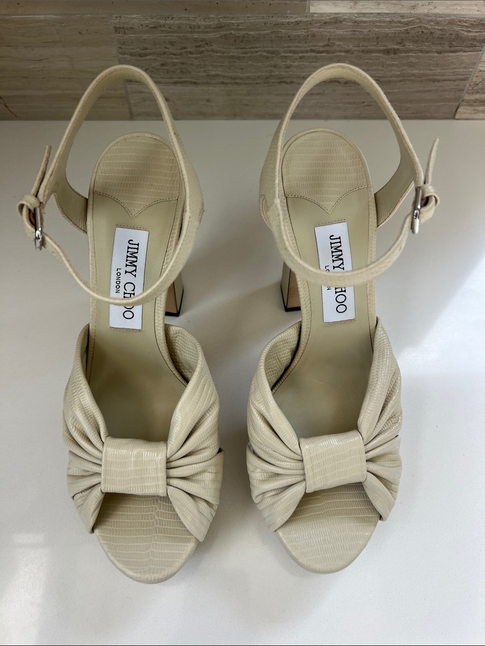 Jimmy Choo heloise 120 bamboo cream light tan soft lizard printed leather heels - Picture 4 of 12